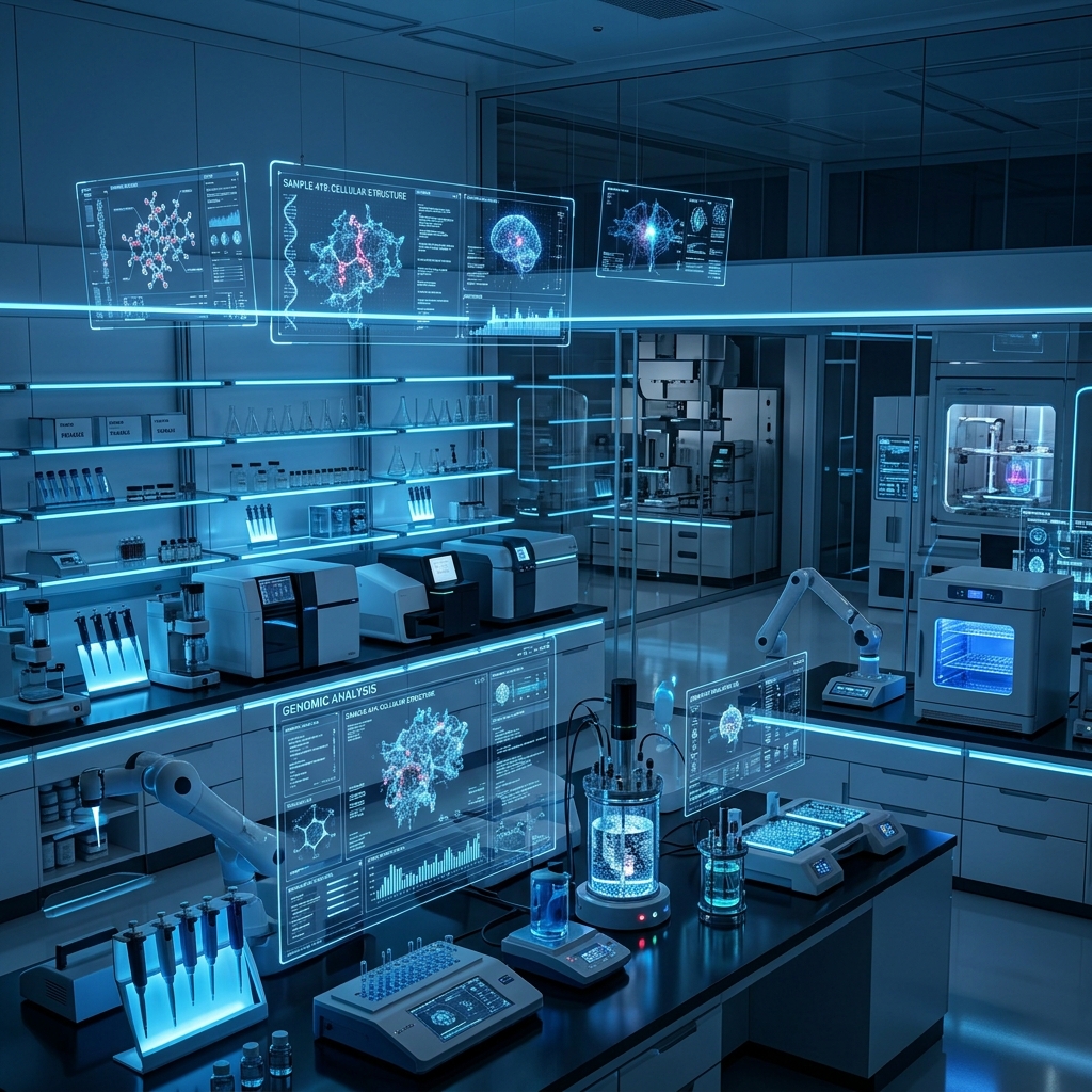 A high-tech scientific laboratory with glowing interfaces